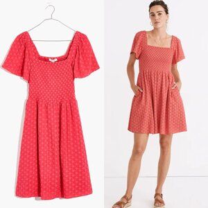 Madewell Americana Red Eyelet Embroidered Lucie Smocked Mini Dress